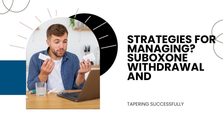 Man sitting at a table holding medication blister packs while looking at a laptop, representing Suboxone withdrawal management and tapering strategies.