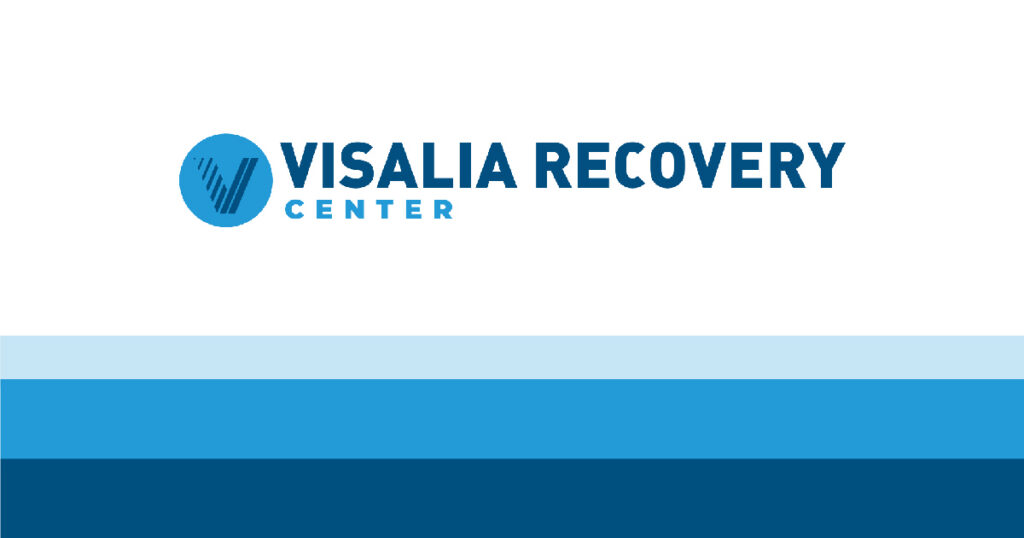 Visalia Recovery Center logo on white background with a blue circular emblem and bold navy text, plus layered blue stripes at the bottom.